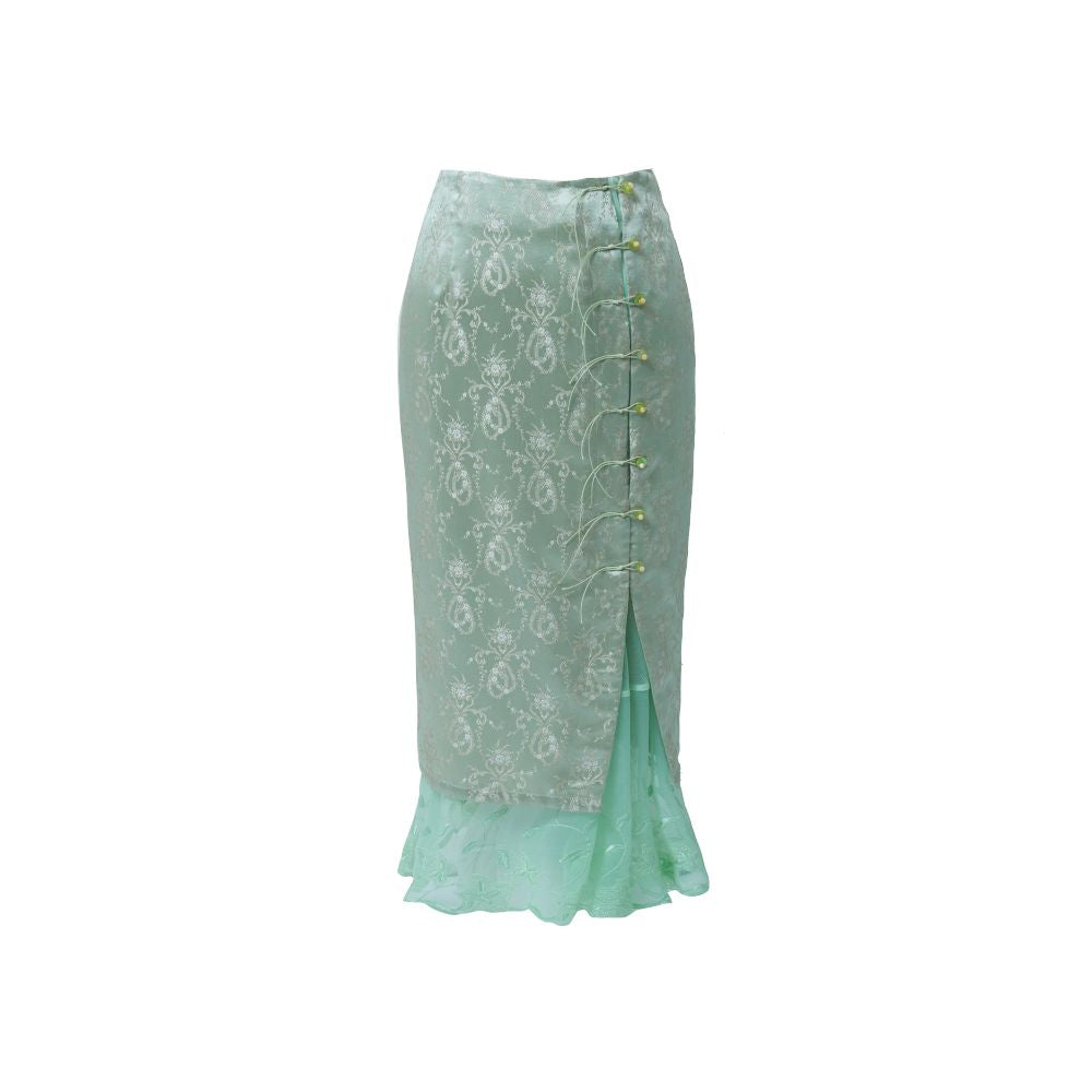 RIMLESS Unlimited Original Custom Vine Jacquard Improved Cheongsam Set with Small Stand up Collar Top and Splicing Half Skirt image 15