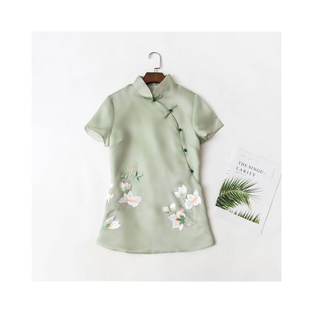 Chinese style silk embroidery short sleeved women s Chinese style jade button green horseclip slim fit short top T shirt women s clothing image 13