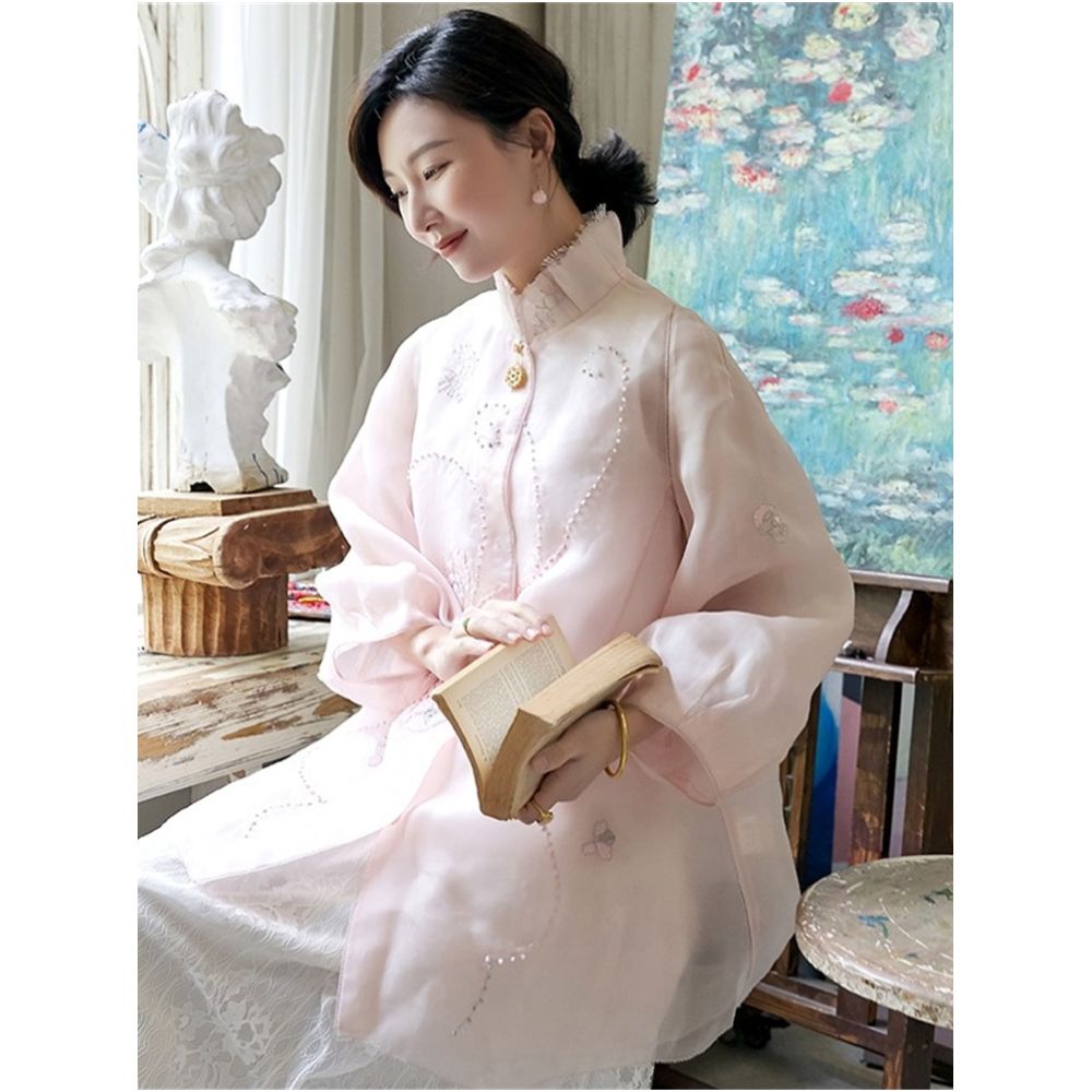 Town Store Baby JCL898 Silk Eugen Yarn Lantern Sleeves with Western Style New Chinese Retro Embroidery Anti Spring and Summer image 2