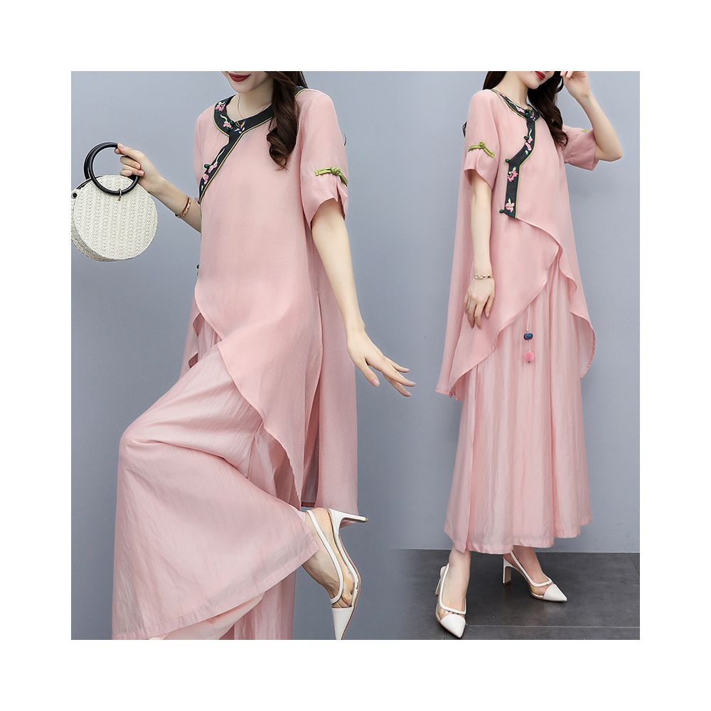 2025 Summer New Women s Clothing Pink Embroidered New Chinese Mother s Clothing Two Piece Set Wide Leg Pants Set Fashion Set image 1