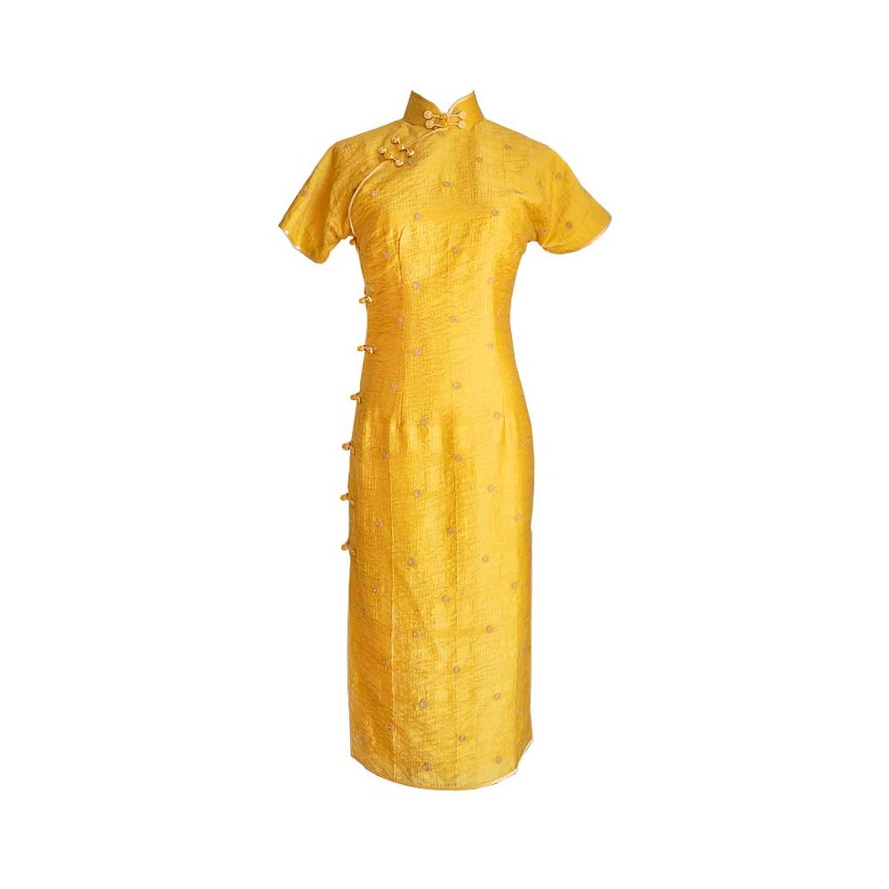 Original creation by Wang Antian Ancient method of Tian silk real collar active buckle handmade high set cheongsam ginger yellow highlighted white image 6