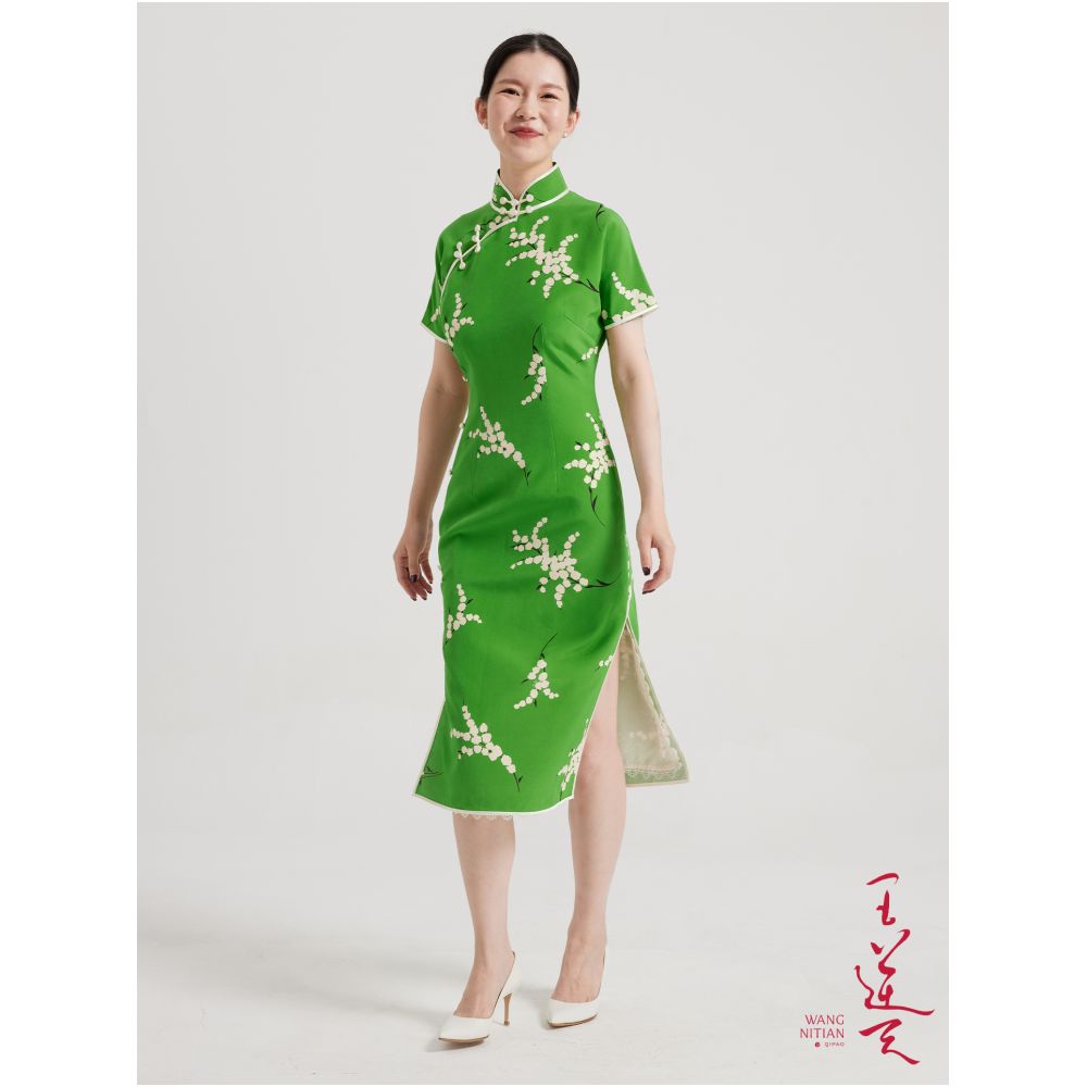 Wang Antian s original new all silk handmade ancient style large open collar elegant green white slimming cheongsam image 8