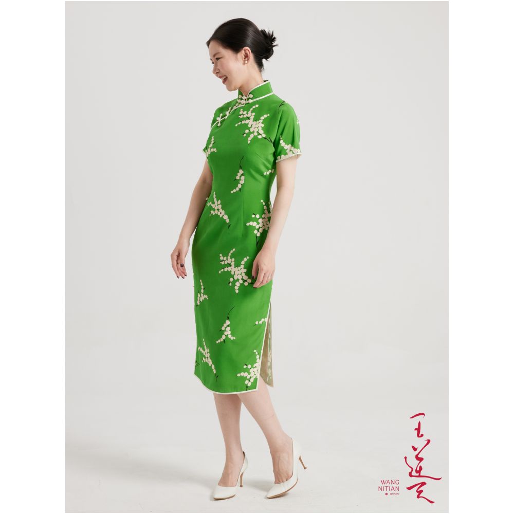 Wang Antian s original new all silk handmade ancient style large open collar elegant green white slimming cheongsam image 0