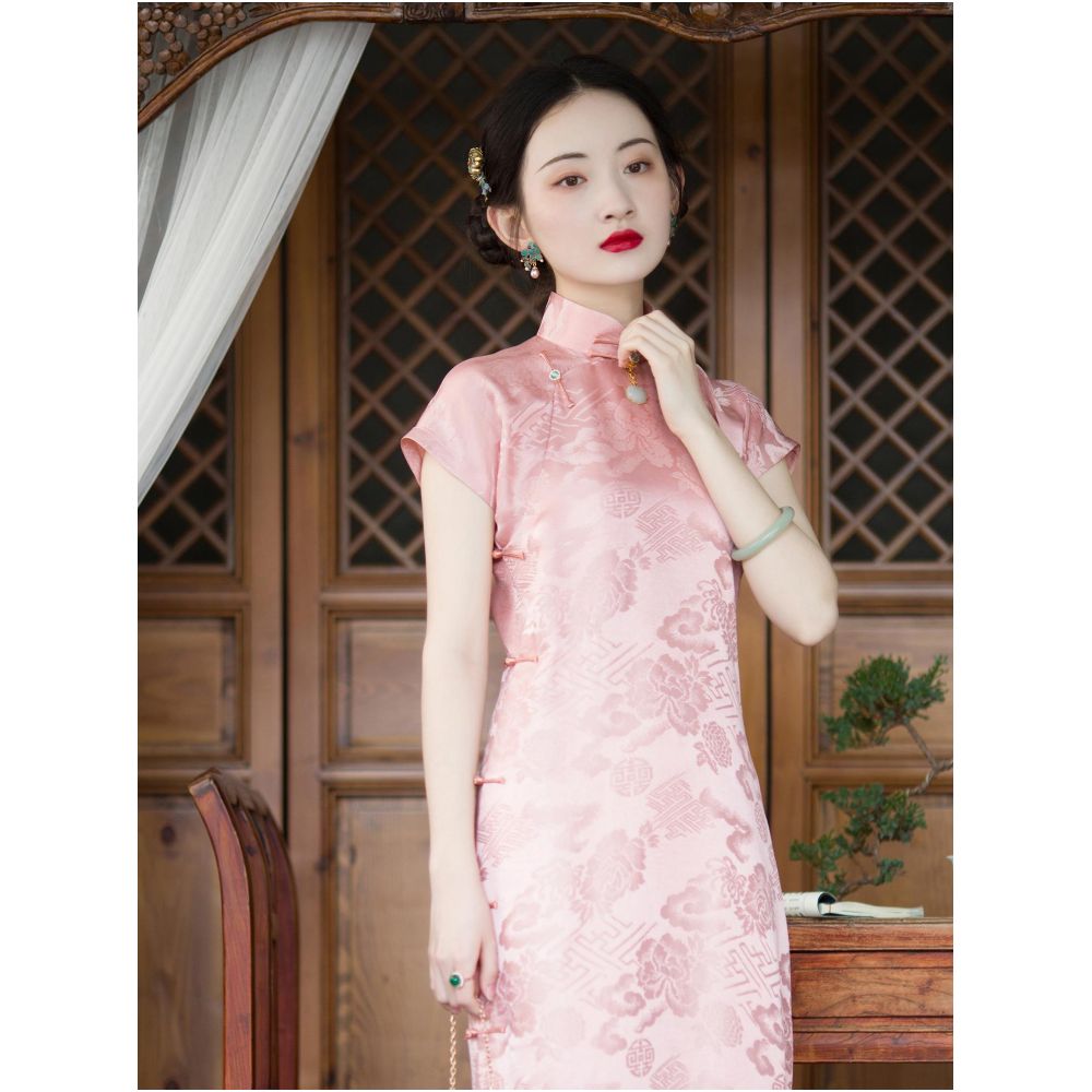 Spring Charm One City Style Republic of China Style Silk Jacquard Stand up Collar Full Open Cheongsam Young Style Daily Original image 4