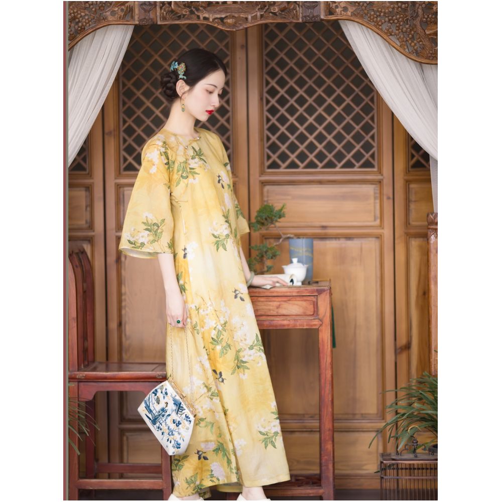 Spring shirt dyeing One city style fluff Chinese Republican style daily lazy and loose collarless cheongsam skirt with large inverted sleeves original image 1