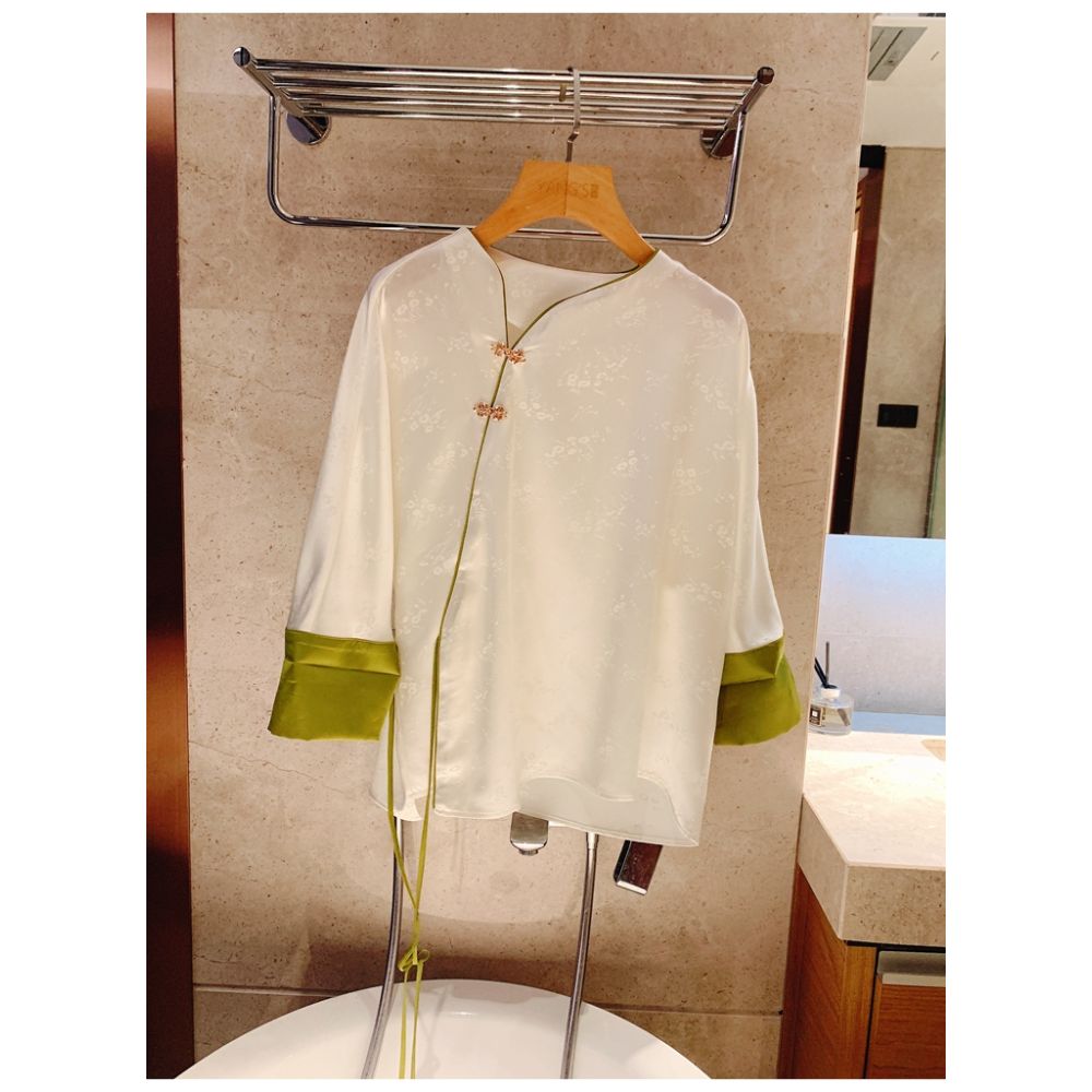 Classical charm and national style Heavy duty acetate satin plate buckle jacquard shirt for women s new Chinese style top white K2913 image 10