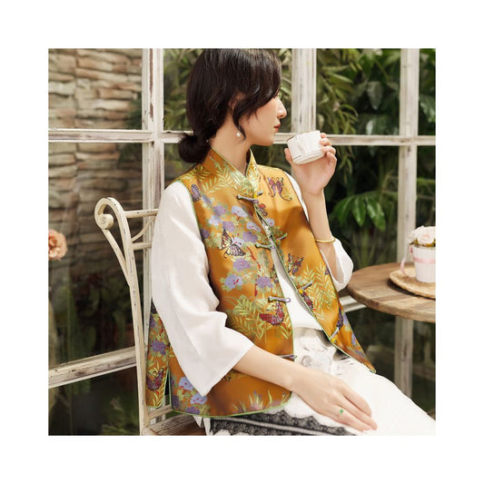 Asaya308 looks at butterfly entering orchid room stand up collar button sleeveless versatile vest top spring autumn winter