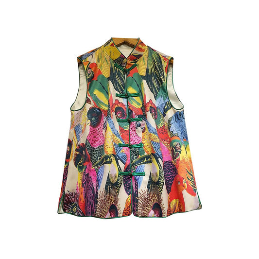 Asaya307 -  Retro buckle printed vest for women fashionable and western style Chinese style improved version Chinese style horse clip jacquard vest shoulder