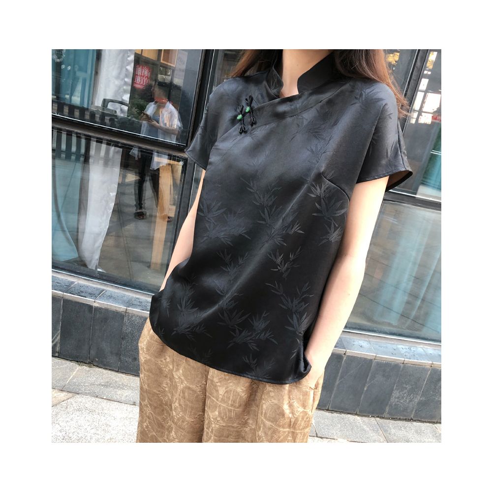 Ice silk short sleeved cheongsam top for women in the summer of 2025 new Korean style loose Chinese style button silk cotton T shirt Tang style image 3