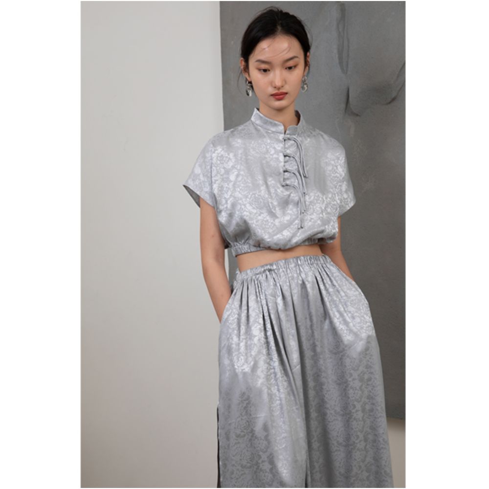 PaleBlueDot Summer Fashion Designer Silver Jacquard Buckle Stand up Collar Set Skirt image 5