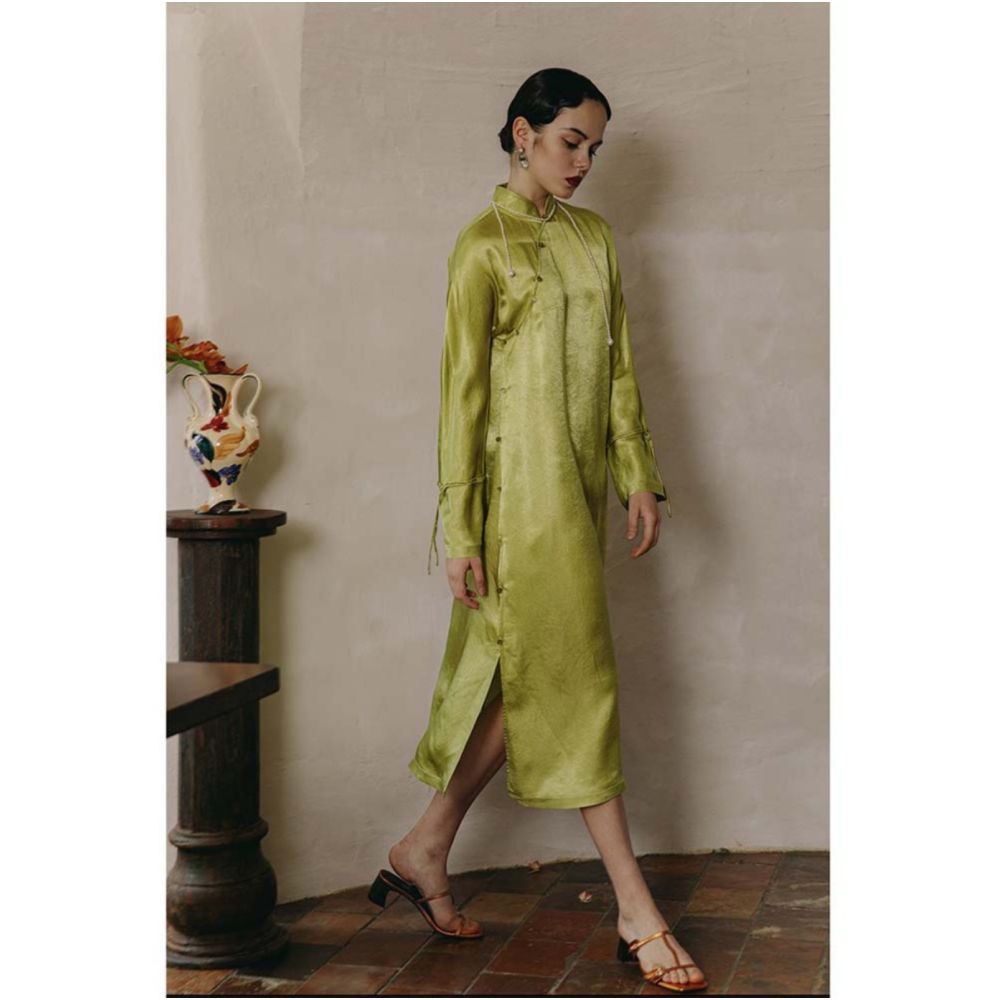 PaleBlueDot Blue Dot Acetic Acid Wrinkle New Chinese Retro Handmade Cheongsam Long Sleeve Dress for Women in Spring and Autumn image 12
