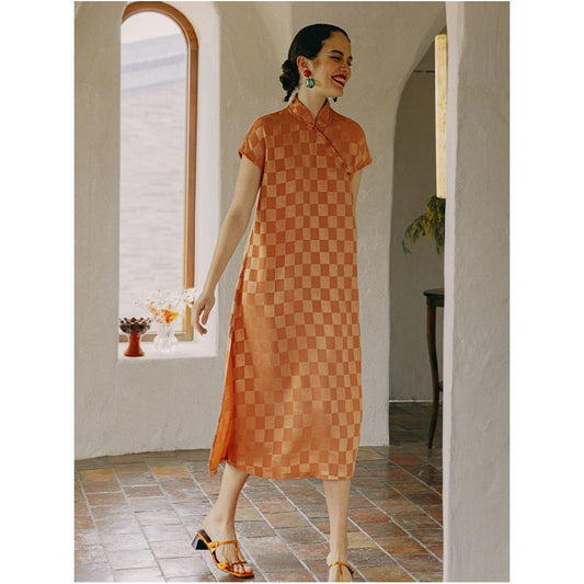 Asaya292 - PaleBlueDot Blue Dot New Chinese style Acetic Acid Checkerboard Dress Women s Summer Improved Handmade Cheongsam Skirt