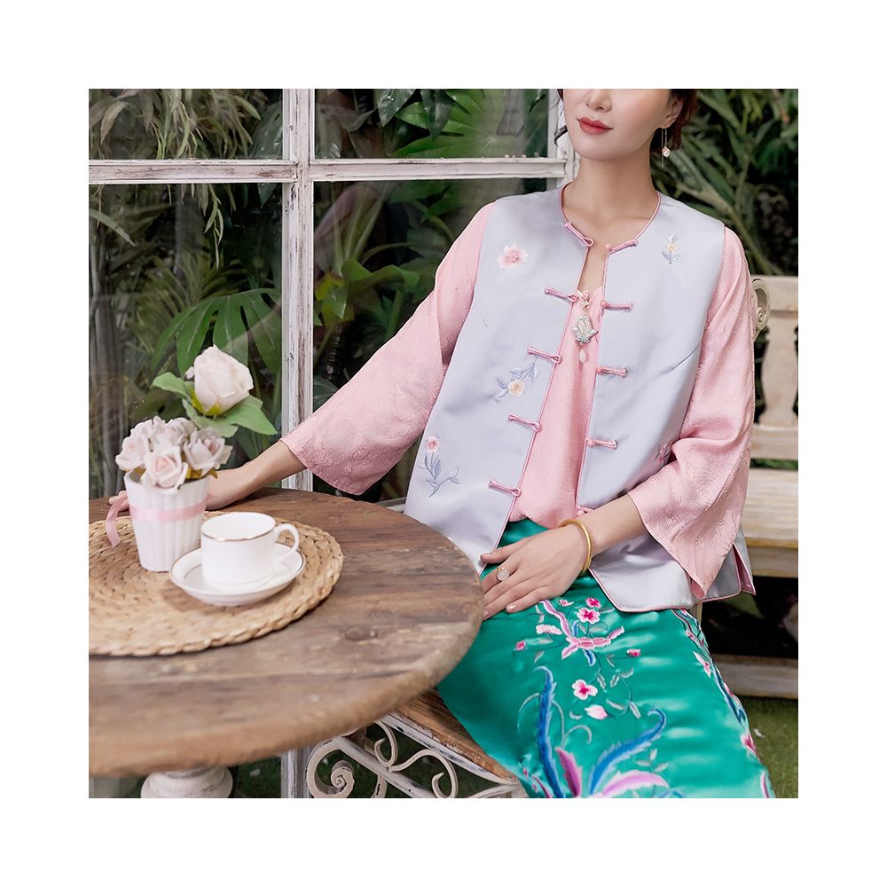 Town Store Baby CPP951 Young New Chinese Round Neck Jade Buckle Retro Embroidery Flower Double breasted Vest Spring and Autumn Shoulder image 57