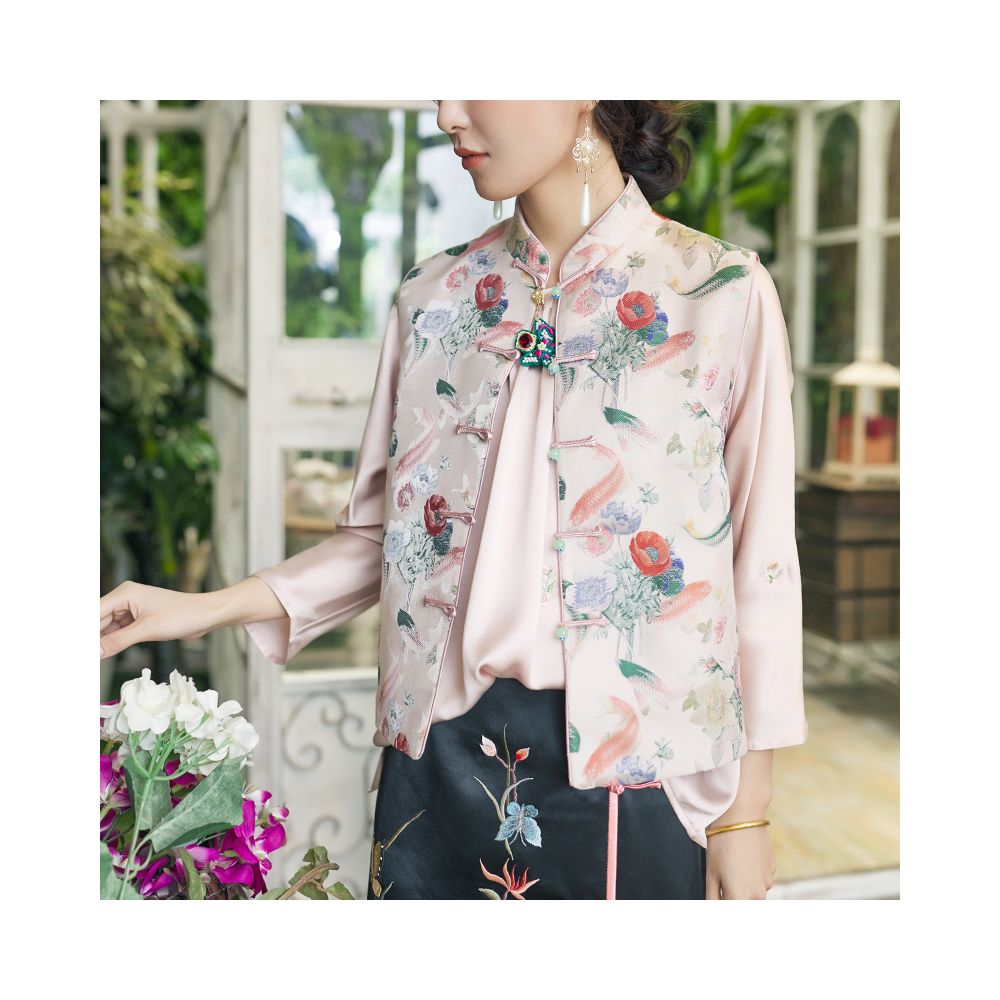 Asaya282 - New Chinese style magnolia slimming stand collar jade buckle vest for spring and autumn wear