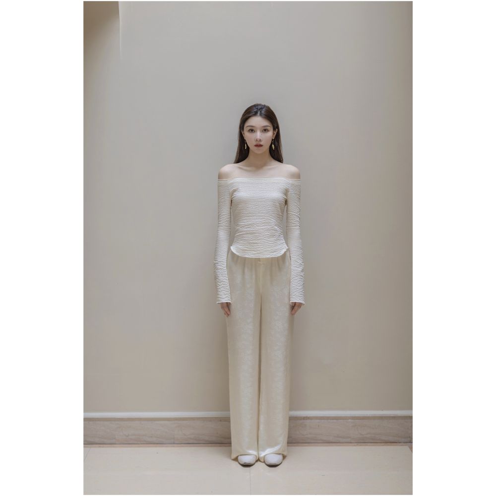 SAKINAWANG21SS original silk beige jacquard Chinese style buckle elastic waist wide leg pants long pants straight tube image 1