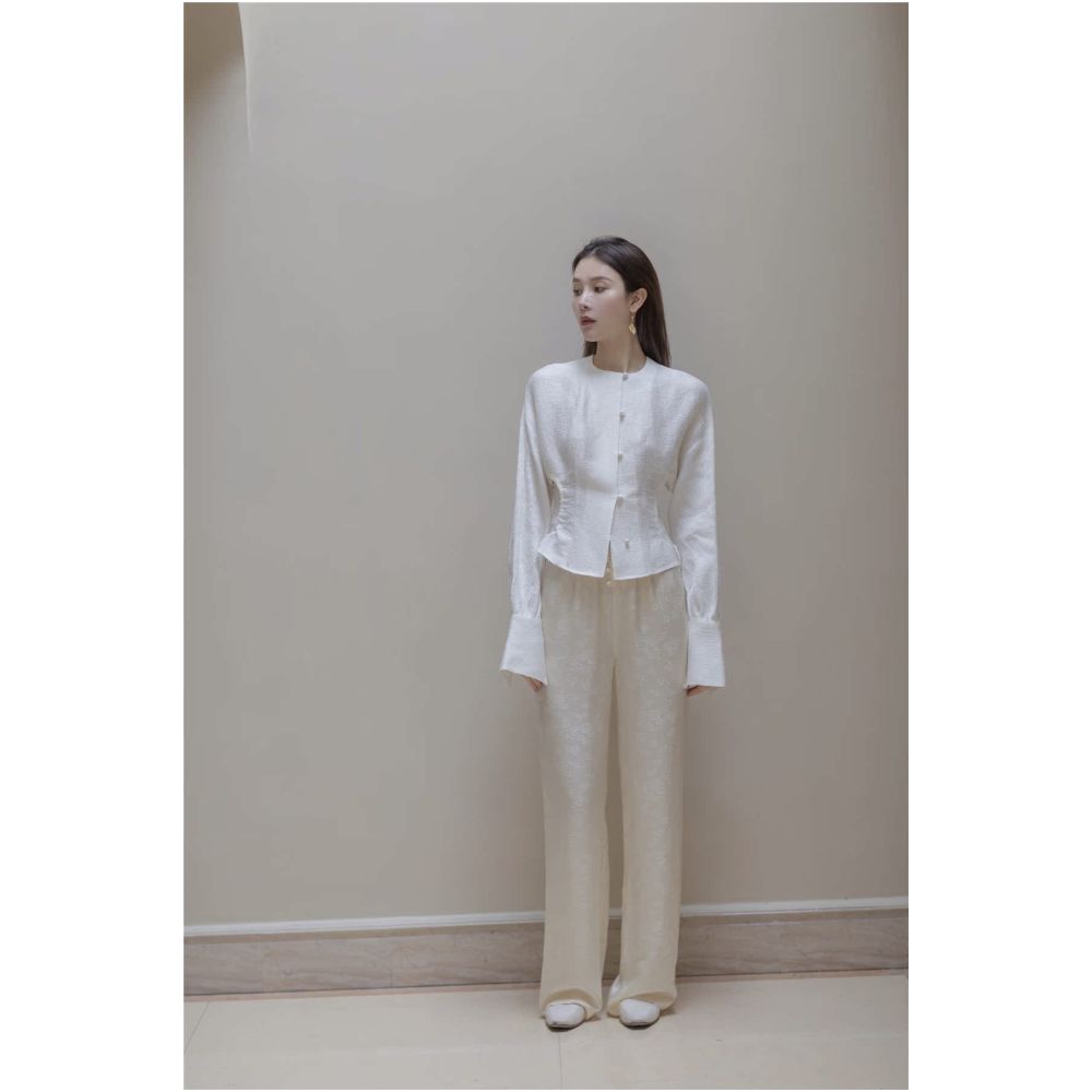 SAKINAWANG21SS original silk beige jacquard Chinese style buckle elastic waist wide leg pants long pants straight tube image 2