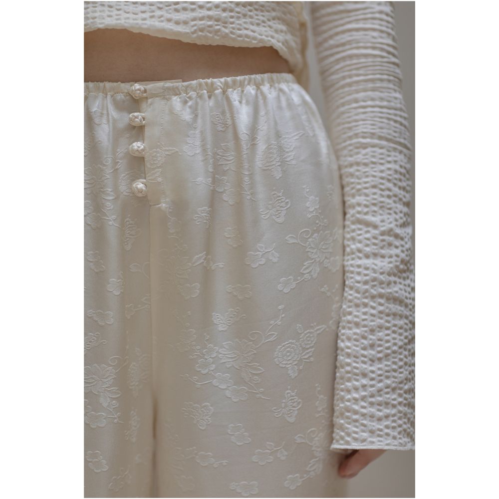 SAKINAWANG21SS original silk beige jacquard Chinese style buckle elastic waist wide leg pants long pants straight tube image 3