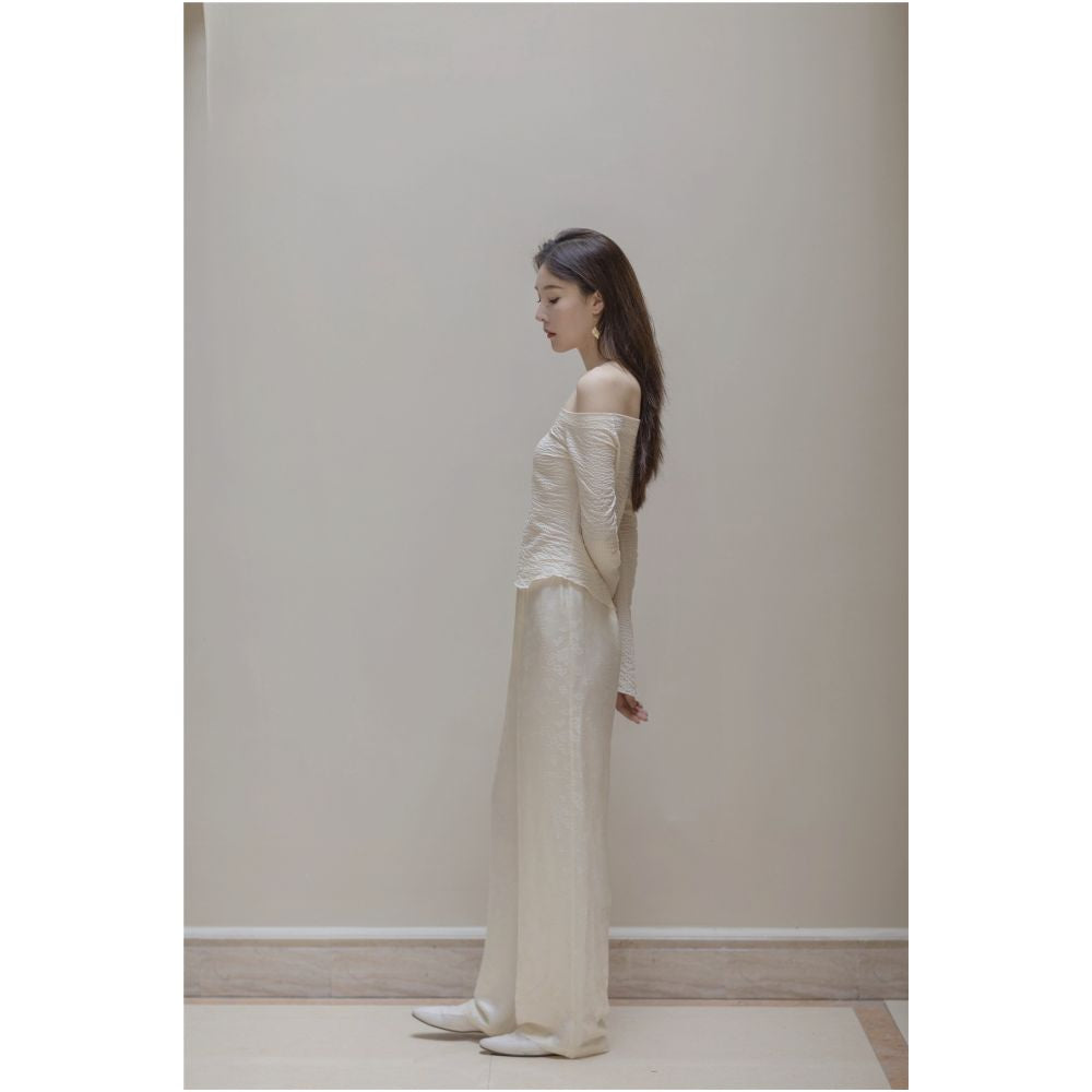 SAKINAWANG21SS original silk beige jacquard Chinese style buckle elastic waist wide leg pants long pants straight tube image 4