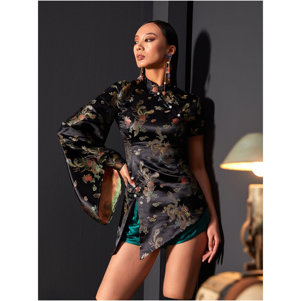 Jiro 2024 Original Unique Design Style Store Mysterious Dark Series Asymmetric Swing Sleeve Slimming Cheongsam Top image 1