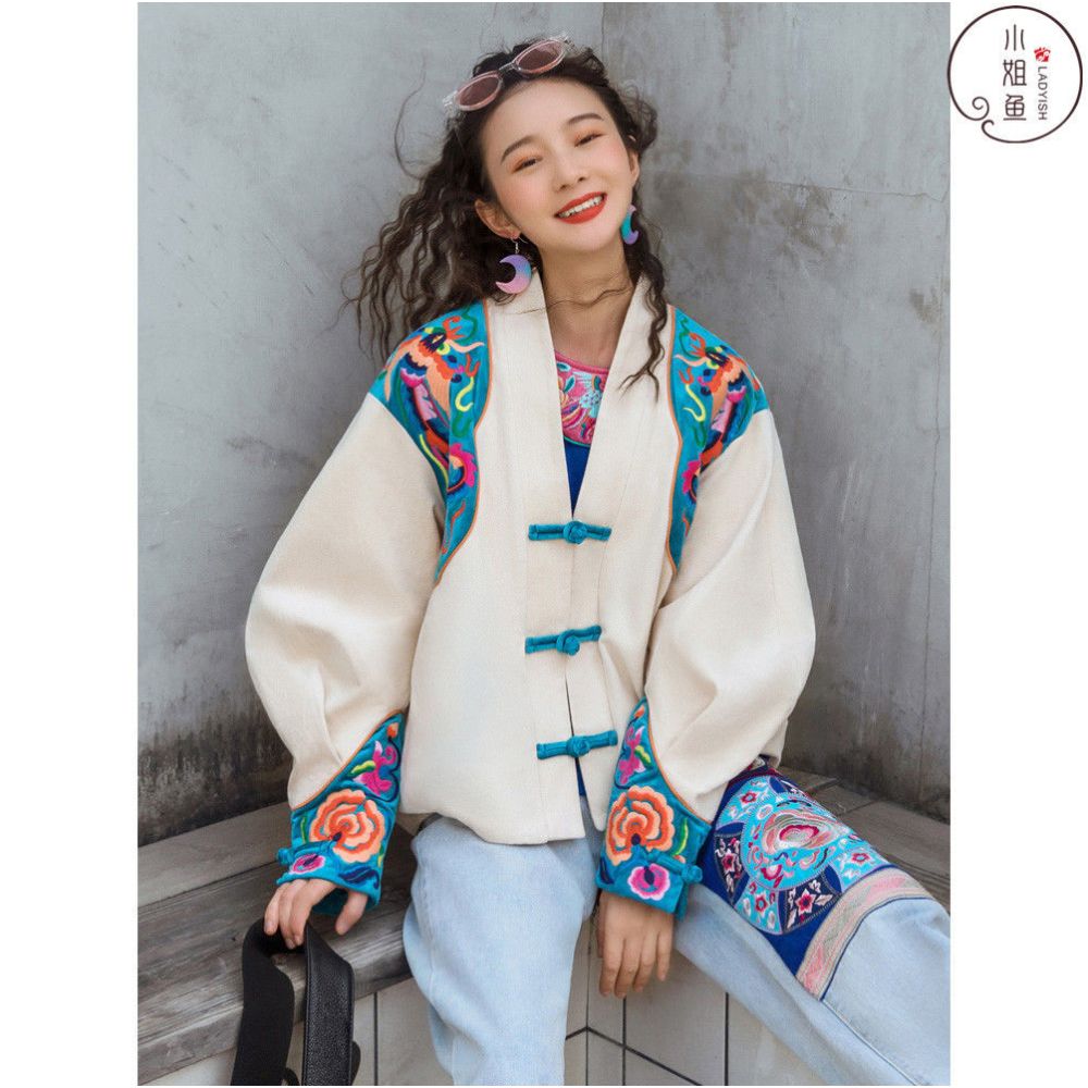 Design sense ethnic style women s top improvement 2022 spring new Tang style women s loose printed long sleeved jacket image 9