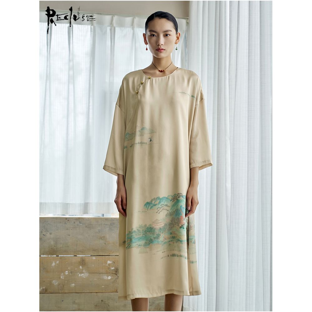 RECLUSE Shuihui New Chinese Style Green Landscape Dress Cheongsam Medium Long Dress Zen Dress 2025 New Style image 13