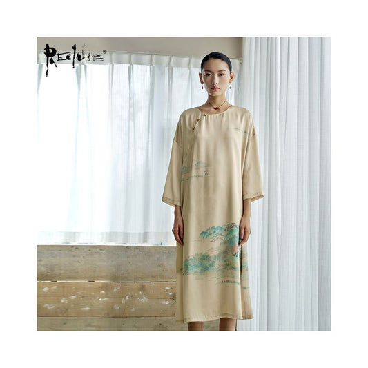 Asaya148 - RECLUSE Shuihui New Chinese Style Green Landscape Dress Cheongsam Medium Long Dress Zen Dress 2025 New Style