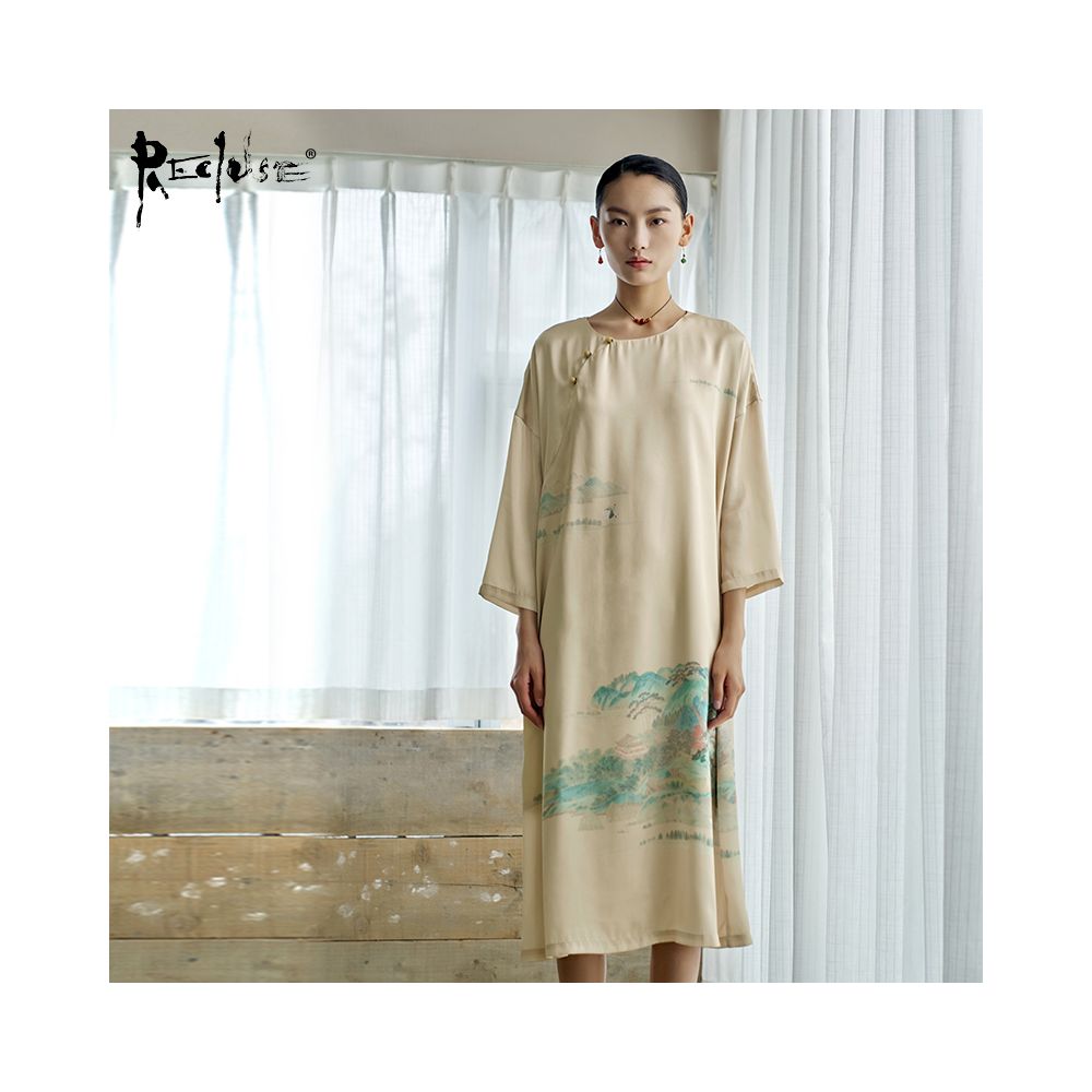 RECLUSE Shuihui New Chinese Style Green Landscape Dress Cheongsam Medium Long Dress Zen Dress 2025 New Style image 6