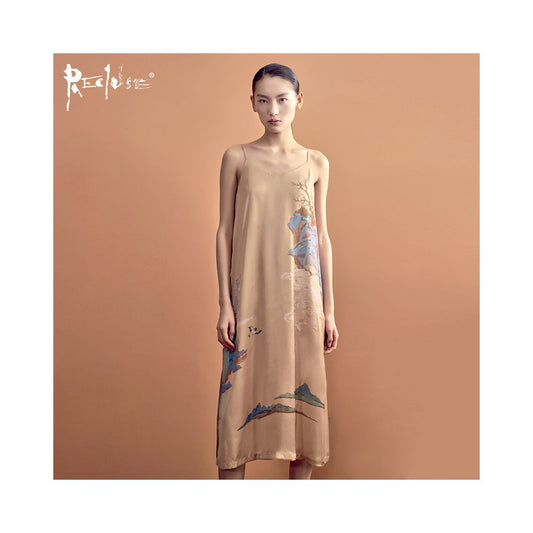 Asaya144 - RECLUSE Yunshan Chinese style green mountain and water dress with retro print design V neck suspender mid length skirt