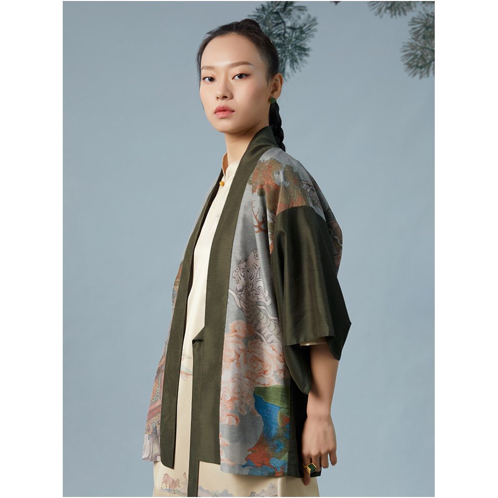 RECLUSE Mangyuan Chinese style retro printed patchwork contrasting design Zen clothing improved Tang style Hanfu top for women image 2