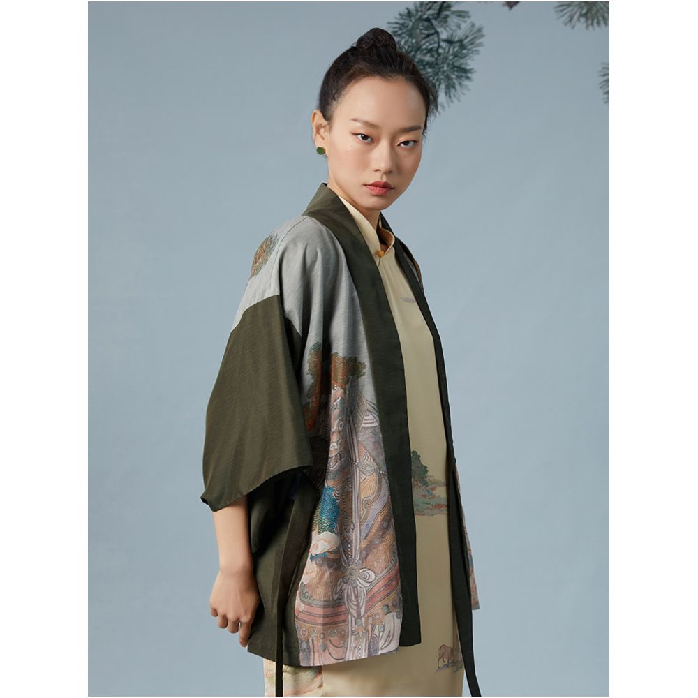 RECLUSE Mangyuan Chinese style retro printed patchwork contrasting design Zen clothing improved Tang style Hanfu top for women image 3