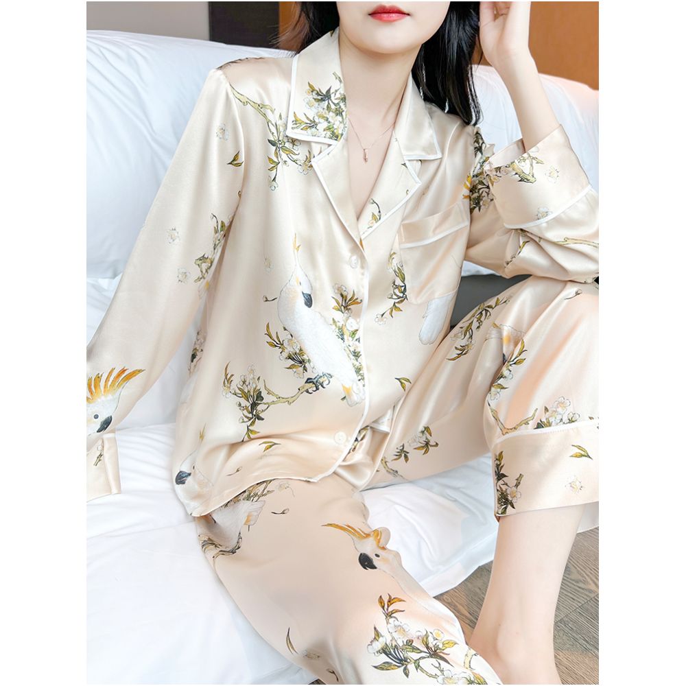 High quality goods 6A grade mulberry silk Temperament printed heavyweight silk sleepwear set for women s high end silk home wear image 1