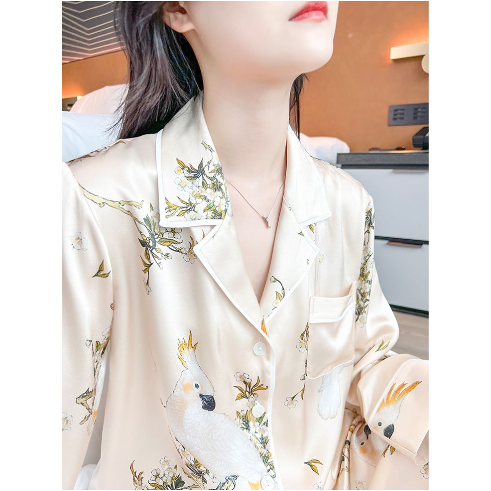 High quality goods 6A grade mulberry silk Temperament printed heavyweight silk sleepwear set for women s high end silk home wear image 2