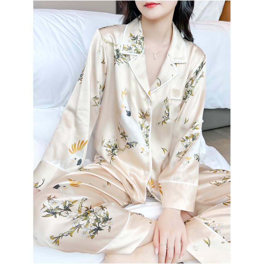 High quality goods 6A grade mulberry silk Temperament printed heavyweight silk sleepwear set for women s high end silk home wear image 3
