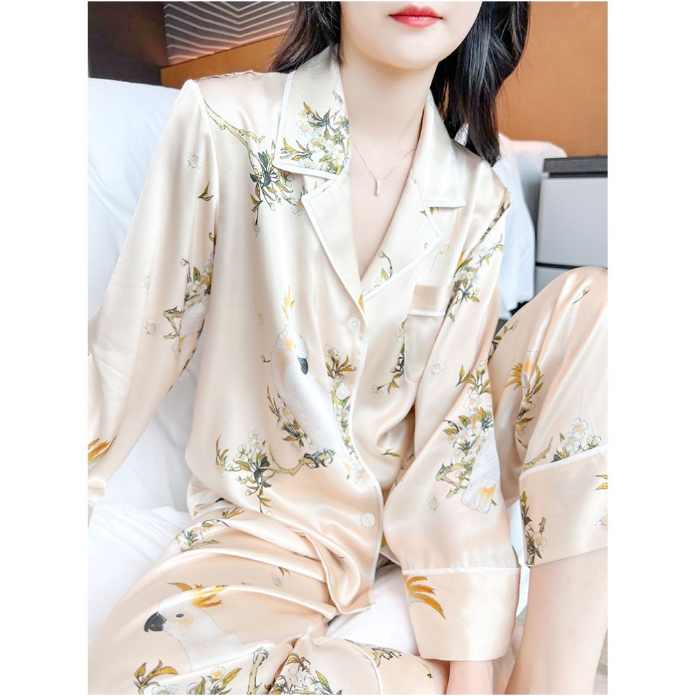 High quality goods 6A grade mulberry silk Temperament printed heavyweight silk sleepwear set for women s high end silk home wear image 4