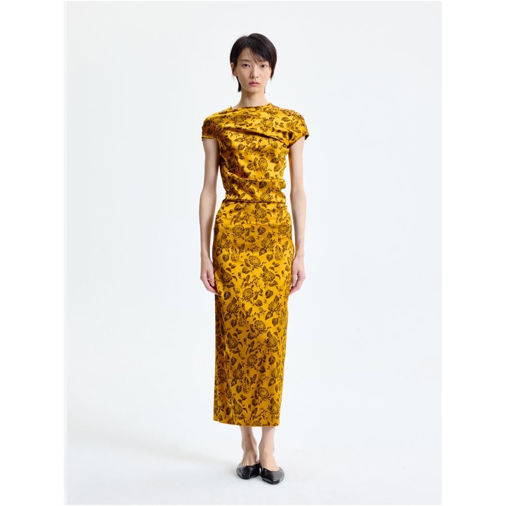 Ms MIN Warm Sunshine Golden Silk Jacquard Diagonal Cut Dress image 1