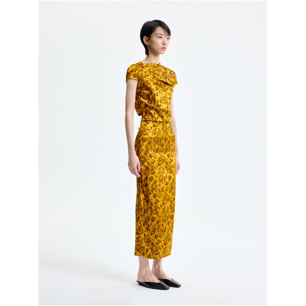 Ms MIN Warm Sunshine Golden Silk Jacquard Diagonal Cut Dress image 2