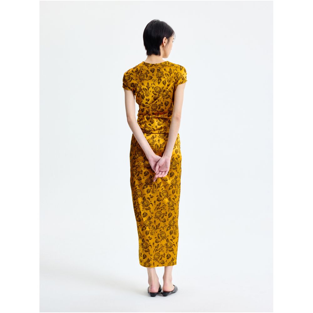Ms MIN Warm Sunshine Golden Silk Jacquard Diagonal Cut Dress image 3
