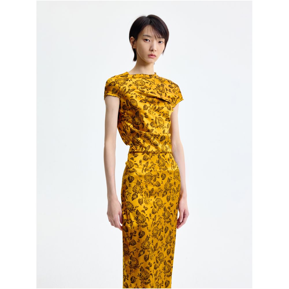 Ms MIN Warm Sunshine Golden Silk Jacquard Diagonal Cut Dress image 4