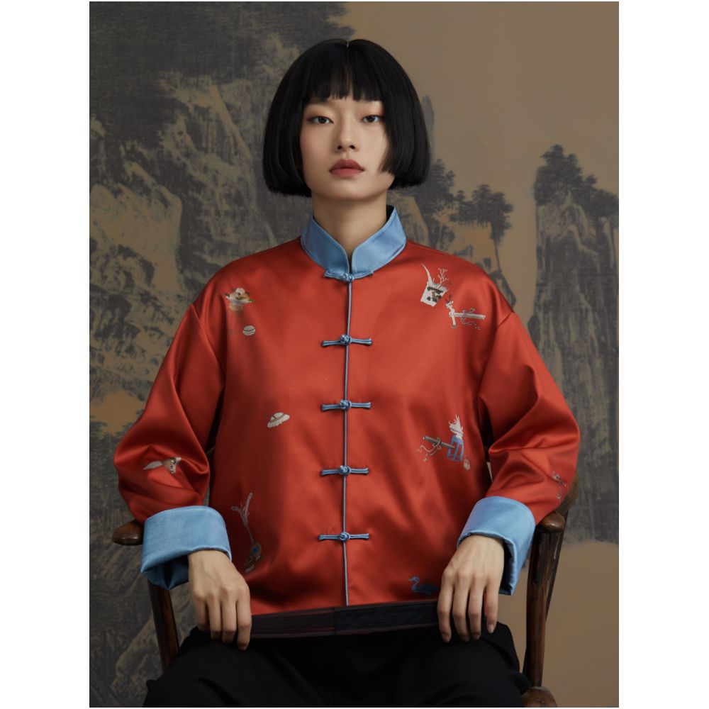 RECLUSE True New Chinese Positioning Printed Color Contrasting Satin Plate Buckle Vitality Improved Design Tang Short Coat image 1