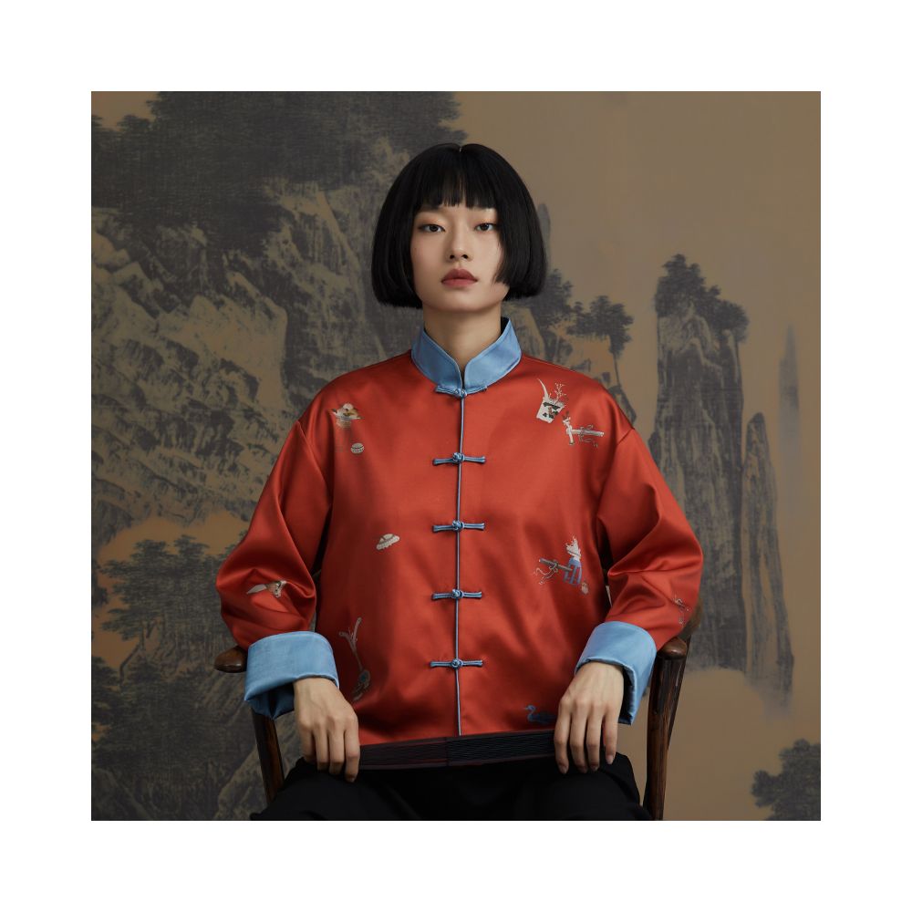RECLUSE True New Chinese Positioning Printed Color Contrasting Satin Plate Buckle Vitality Improved Design Tang Short Coat image 21