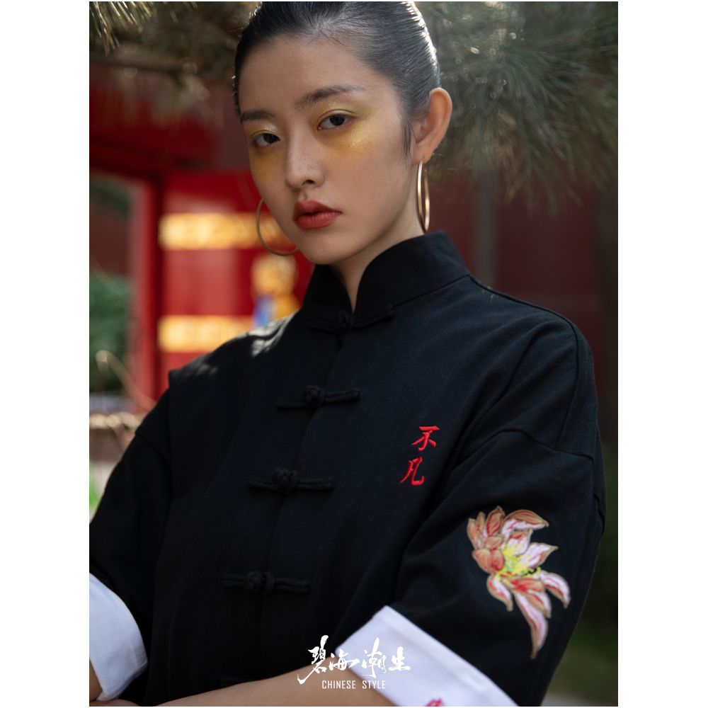 Bihai Chaosheng s new all creatures look extraordinary and original Chinese style China Chic loose button short sleeved t shirt Tang suit men and women image 1