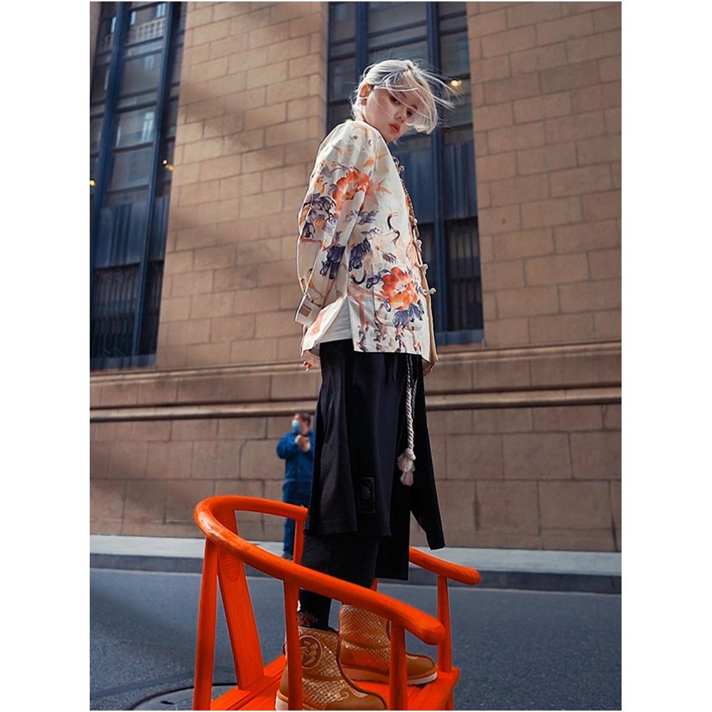 Blue sea tide birth u003cHundred birds flock to the phoenix u003eautumn and winter new original Chinese style China Chic Chinese casual printed Tang suit image 1