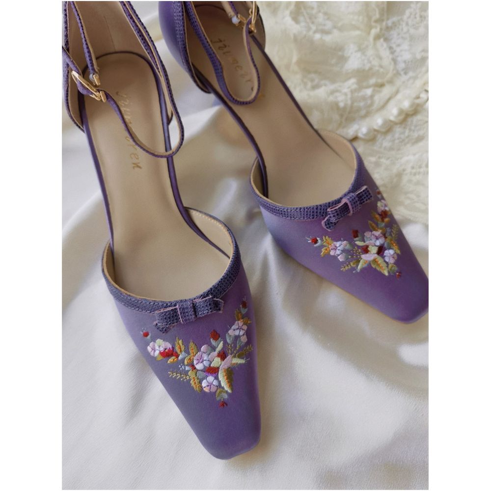 Queen Vintage Embroidered Chinese Style Series Lotus Purple Silk Embroidered Retro Square Head Low Heel Cheongsam Sandals image 42