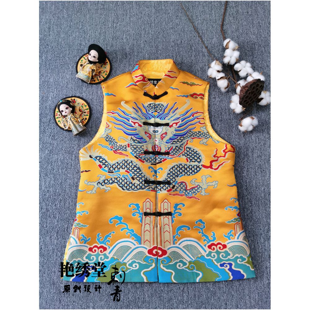 Internet celebrity original design Chinese style retro brocade Tang style dragon robe men s and women s personalized buttoned vest vest image 24