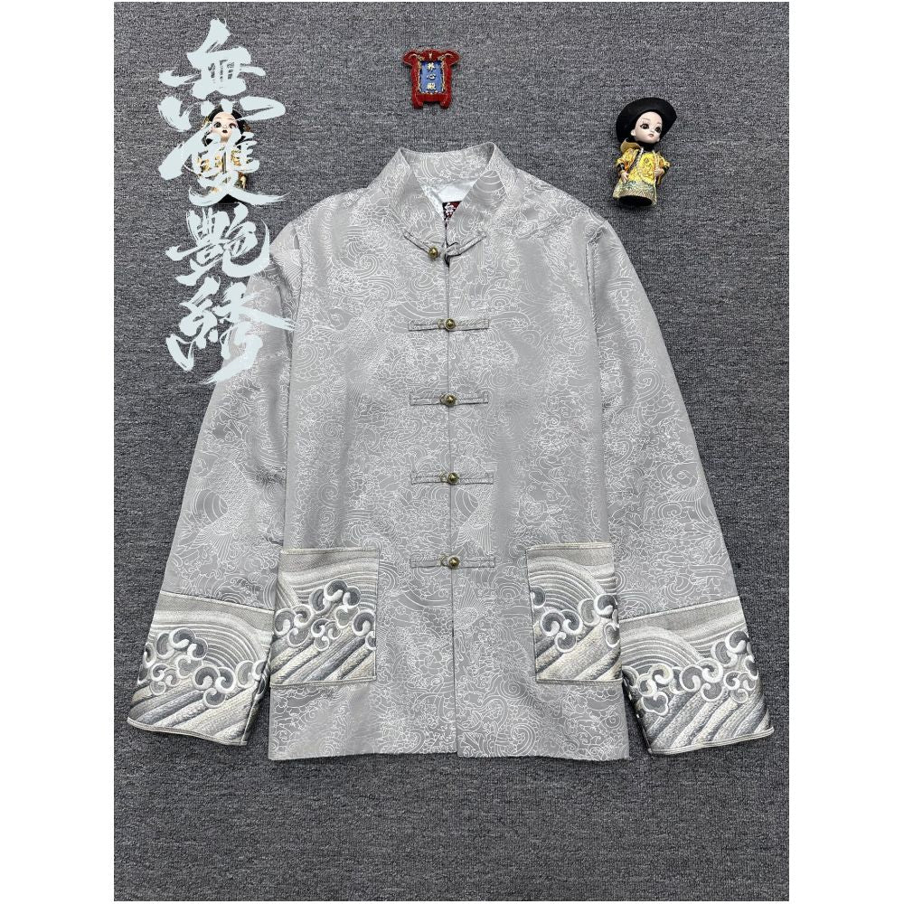 China Chic unparalleled gorgeous embroidery original design retro buckle traditional Chinese Tang style carp jacquard embroidery men and women s coats image 1