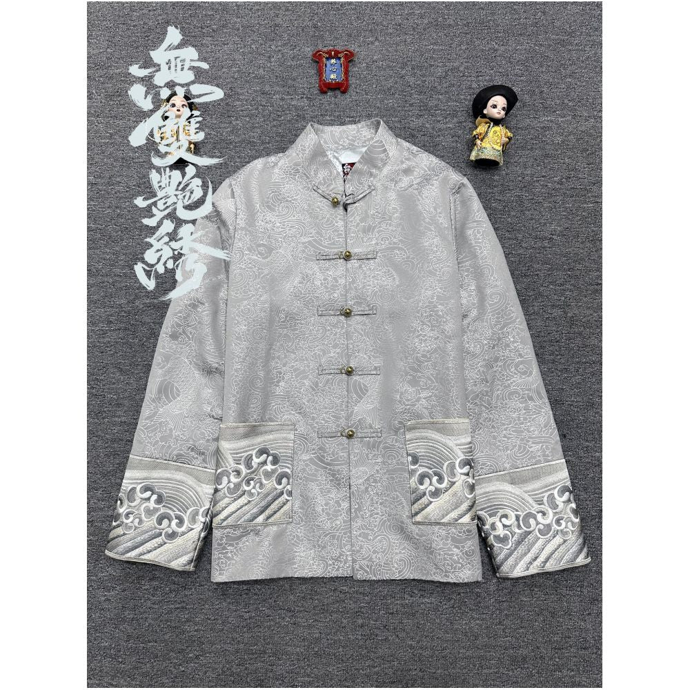 China Chic unparalleled gorgeous embroidery original design retro buckle traditional Chinese Tang style carp jacquard embroidery men and women s coats image 11