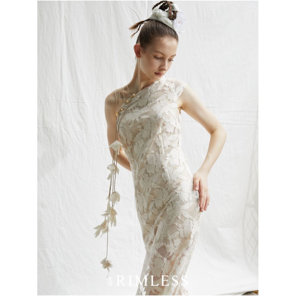 RIMLESS Borderless Slant Front Hollow New Chinese Cheongsam Dress Split Skirt Original Designer Brand image 2