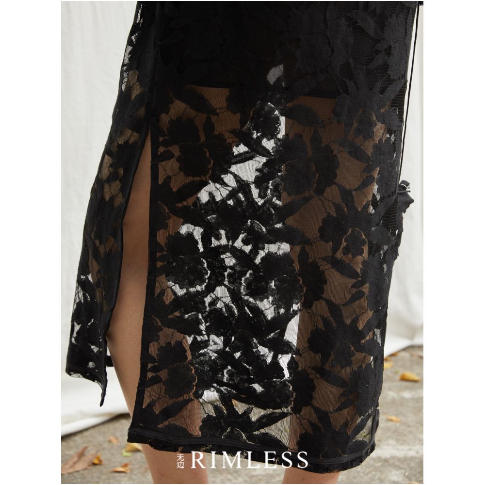 RIMLESS Borderless Slant Front Hollow New Chinese Cheongsam Dress Split Skirt Original Designer Brand image 4
