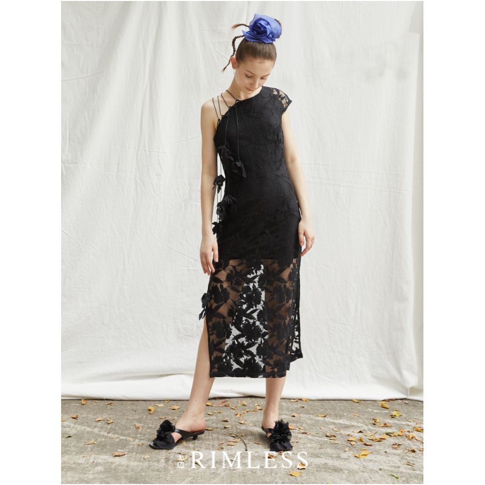 RIMLESS Borderless Slant Front Hollow New Chinese Cheongsam Dress Split Skirt Original Designer Brand image 5