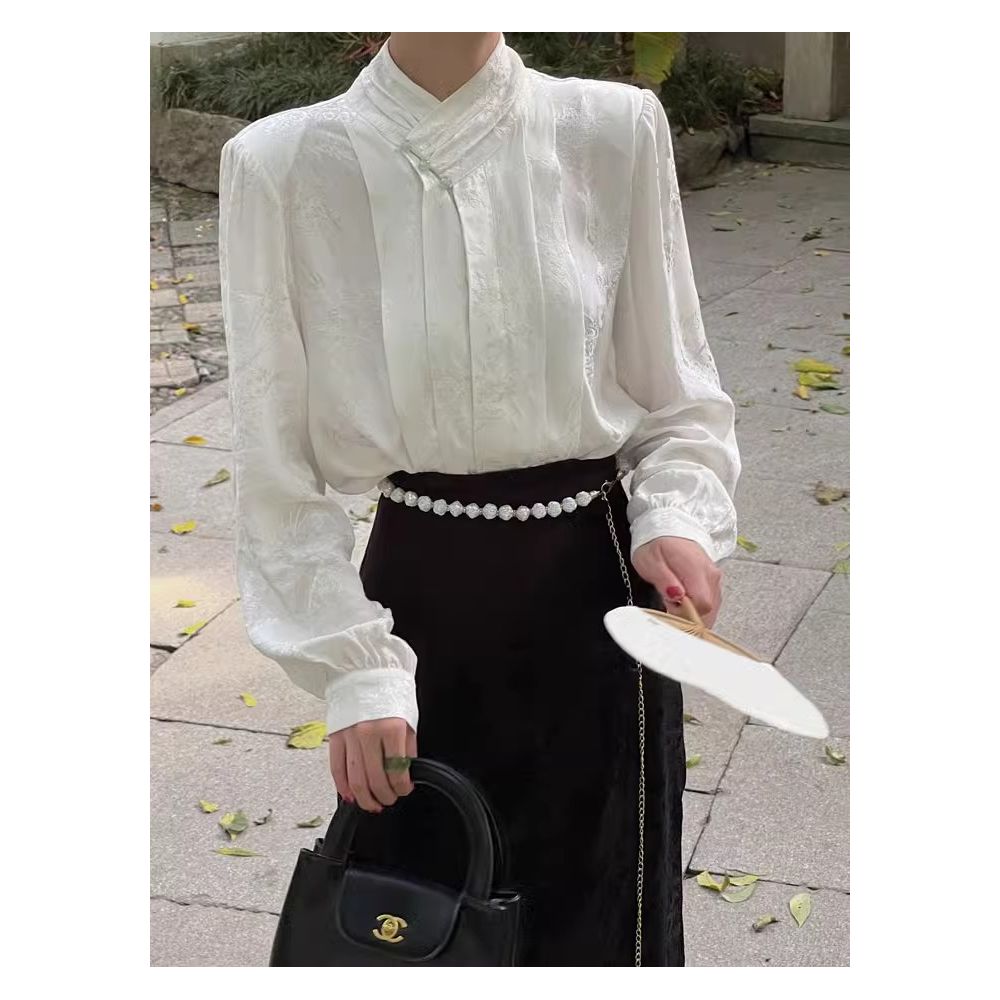 Hanfu New Chinese Jacquard Satin Shirt Women s Spring and Autumn European style Tang style Shirt Improved Cheongsam Top image 2